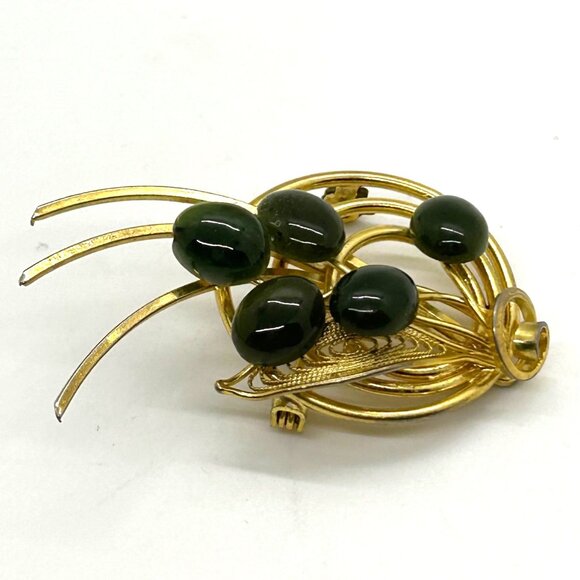 Vintage Gold-Tone Brooch With Green Stone Accents Retro Floral Design Pin - Picture 5 of 13
